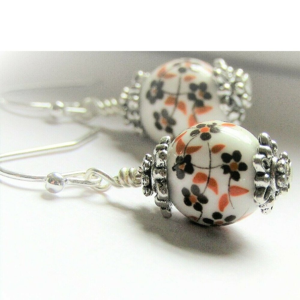 Brown Yellow Floral Ceramic Silver Earrings